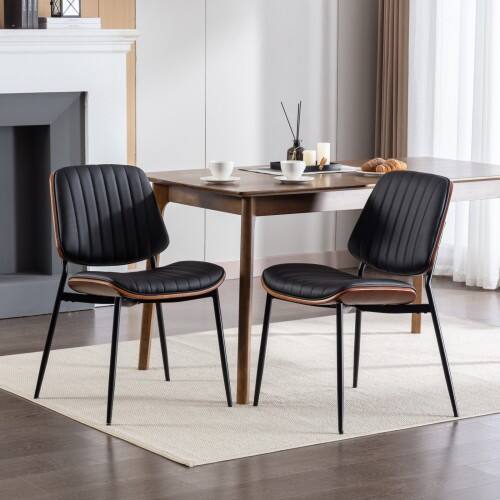 Alt View 3. LUCKY ONE - Assembled Mid Century Dining Chair Set of 2 Faux Leather with Walnut Bentwood Back Metal Legs - Black PU.