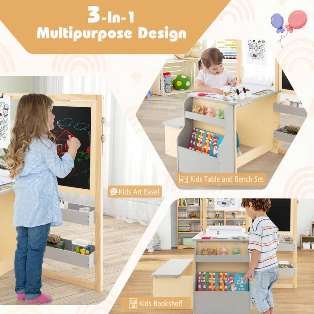 3-In-1 Multipurpose Design  
Kids Art Easel  
Kids Table and Bench Set  
Kids Bookshelf