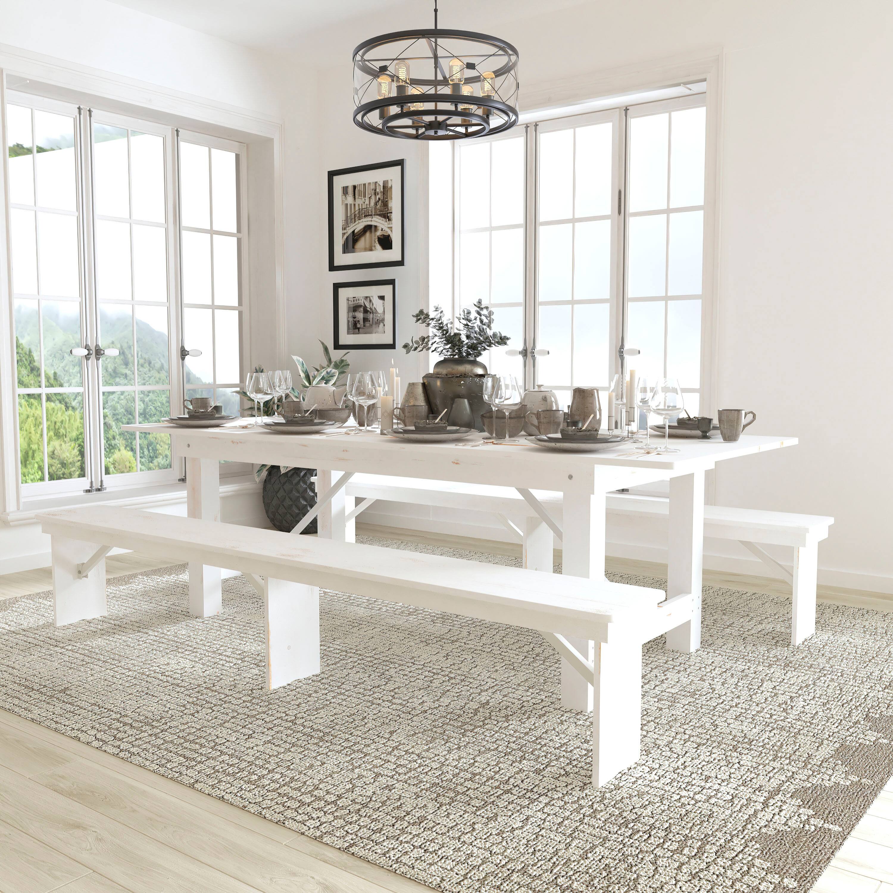 Alt View 3. Flash Furniture - HERCULES Series 8' x 40" Antique Rustic White Folding Farm Table and Two Bench Set - White.