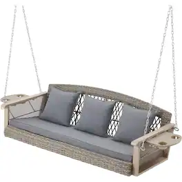 U-HOMY - 3-Seat Outdoor Porch Swing with Cup Holders – Weather-Resistant Rattan, 900 lbs Capacity - Gray