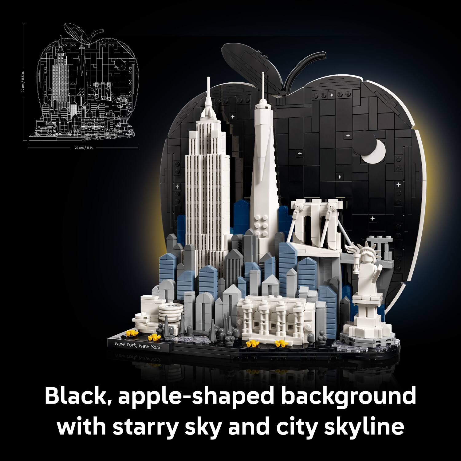 Black, apple-shaped background with starry sky and city skyline