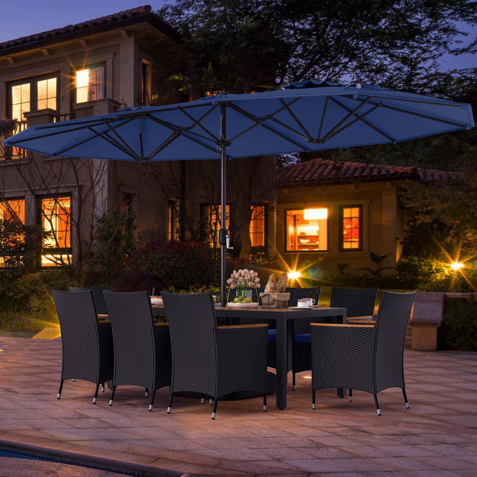 Alt View 4. Costway - Costway 11 PCS Patio Wicker Dining Set with Double-Sided Outdoor Umbrella 8 Stackable Chairs - Navy+Navy.