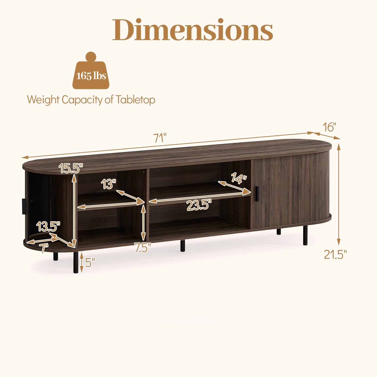 Dimensions  
Weight Capacity of Tabletop: 165 lbs  
Tabletop: 71" x 16"  
Shelf: 15.5" x 13"  
Shelf: 13.5" x 7.5"  
Shelf: 14" x 23.5"  
Height: 21.5"