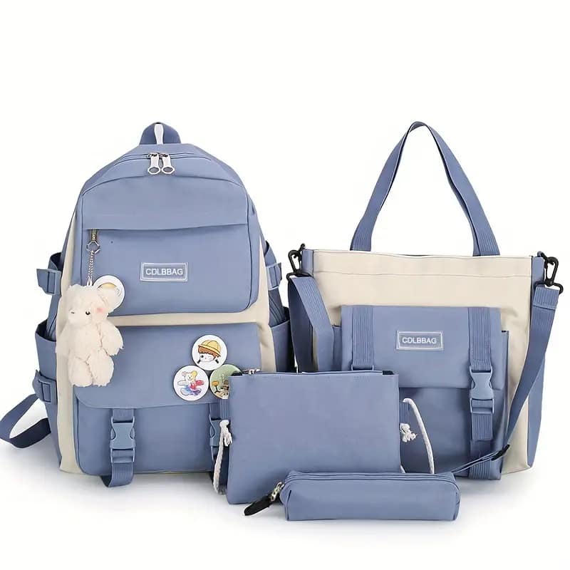 Auledio - 4 Pcs/Set Stylish Durable Canvas Backpack with Large Storage, Casual Backpacks School Teenager Travel Shoulder Bags - Blue