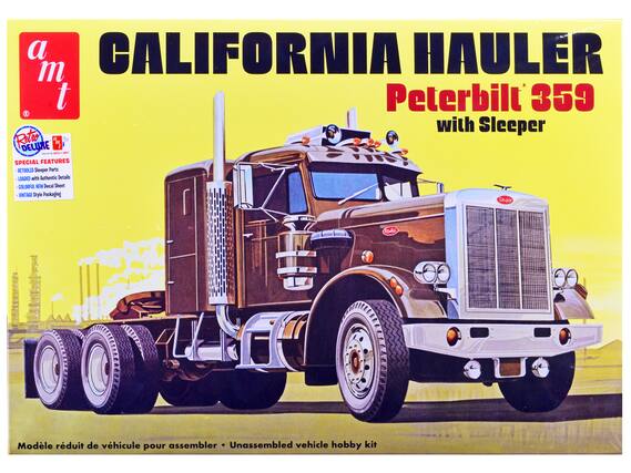 a m t
CALIFORNIA HAULER
Peterbilt 359 with Sleeper
SPECIAL FEATURES
- RETOOLDED Sleeper Parts
- LOADED with Authentic Details
- COLORFUL NEW Decal Sheet
- VINTAGE Style Packaging
Modèle réduit de véhicule pour assembler • Unassembled vehicle hobby kit