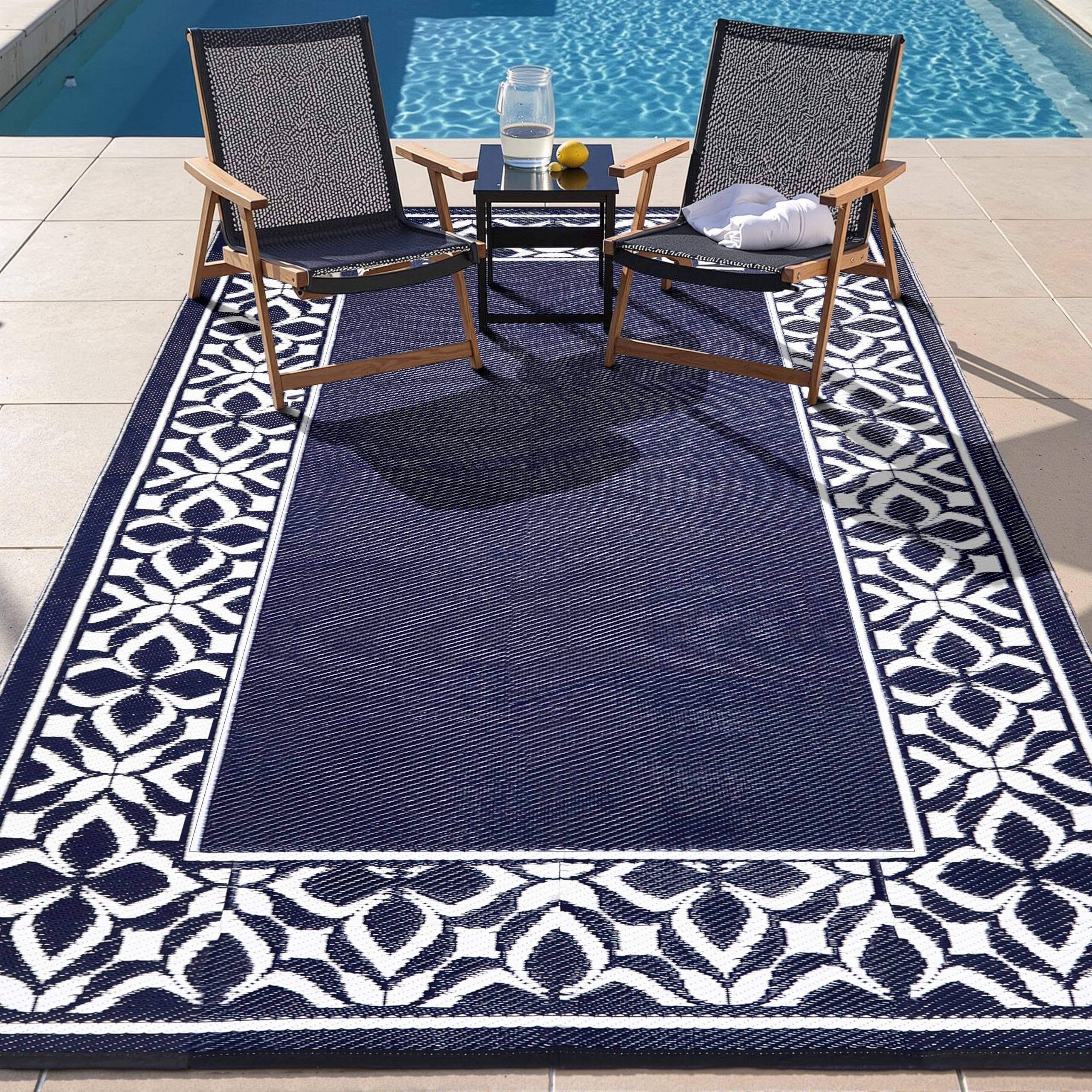 Alt View 2. Reds Spade - Outdoor Plastic Straw Rug Navy Large Outside Waterproof Patio Carpet Geometric Reversible Mat Modern For Ca... - Geo | Navy Blue-5' x 8' (Rectangular).