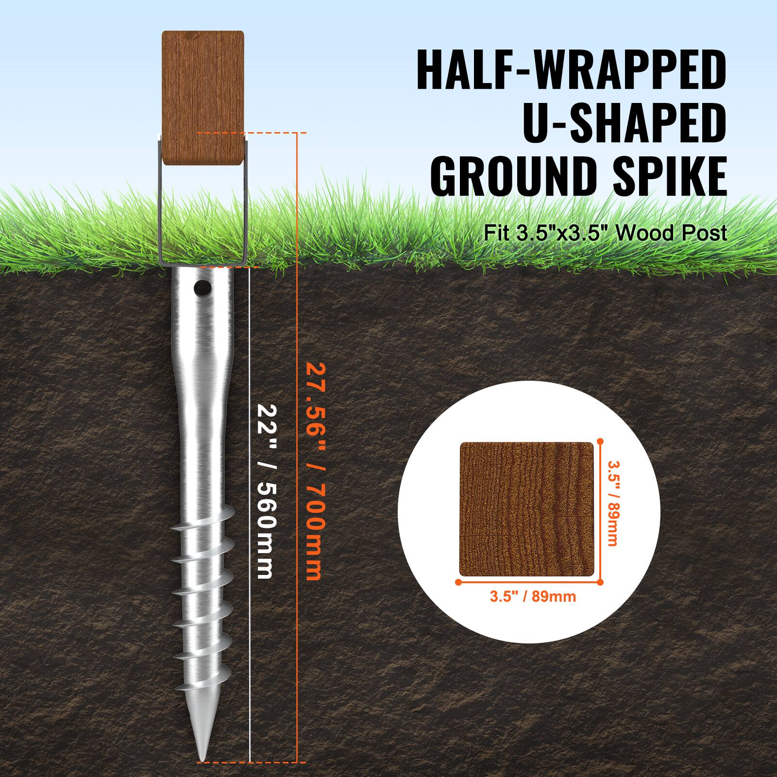 HALF-WRAPPED U-SHAPED GROUND SPIKE  
Fit 3.5"x3.5" Wood Post  

- 22" / 560mm  
- 27.56" / 700mm  
- 3.5" / 89mm  
- 3.5" / 89mm