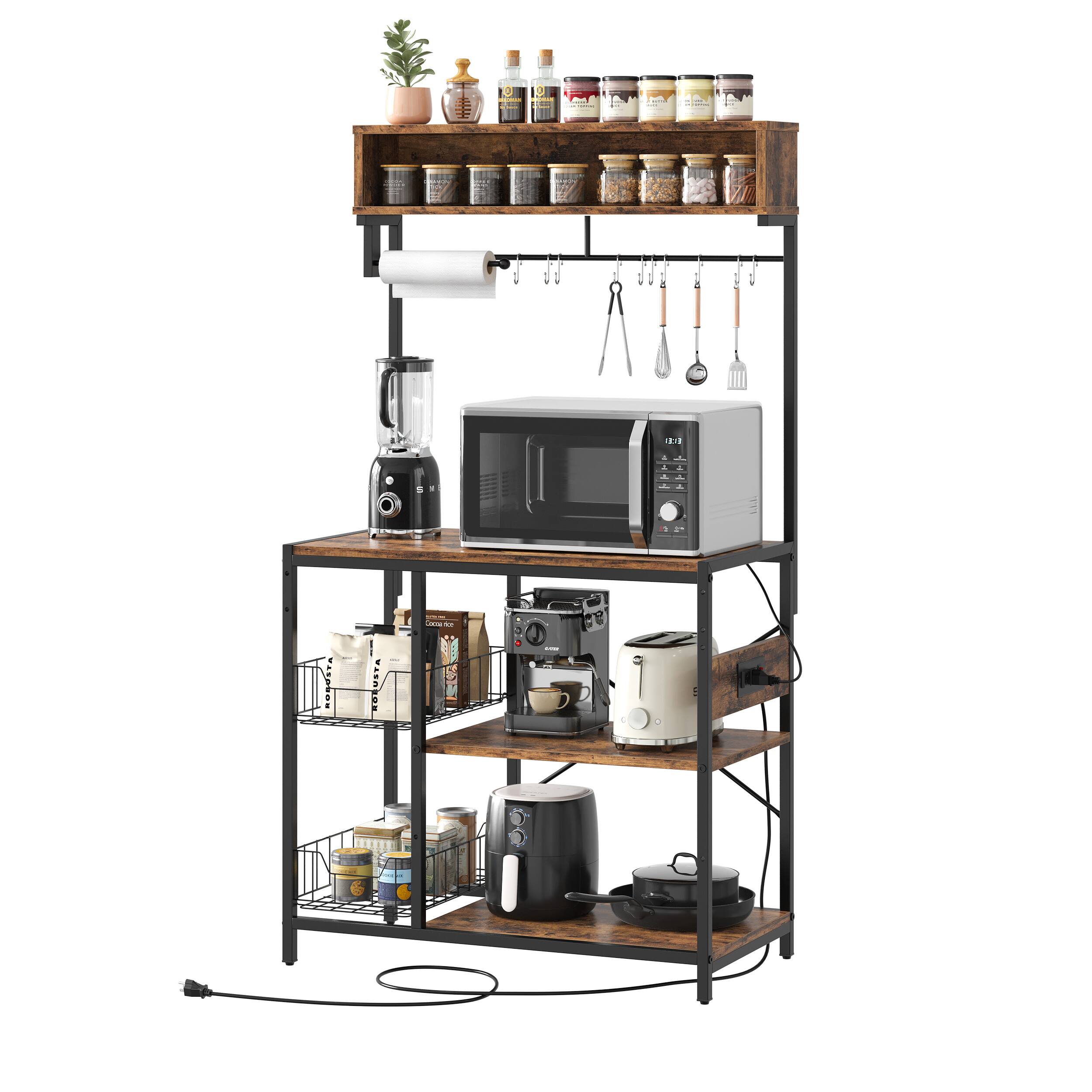 Bestier - 5-Tier Bakers Rack with Power Outlet, Microwave Stand & Coffee Bar with 10 Hooks - Rustic Brown