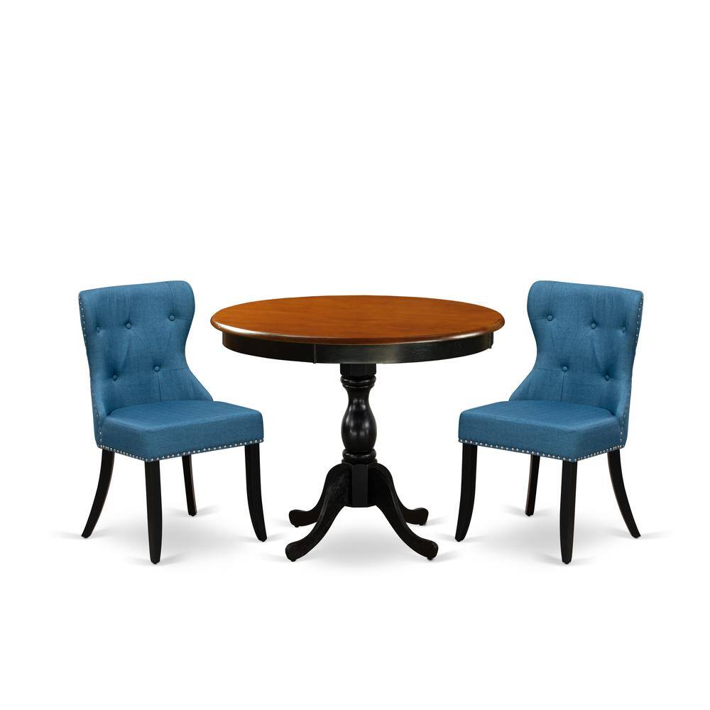 East West Furniture - 3-Pc Dining Table Set Contains a Wood Dining Table and 2 Blue Linen Fabric Mid Century Modern - Multi-Color