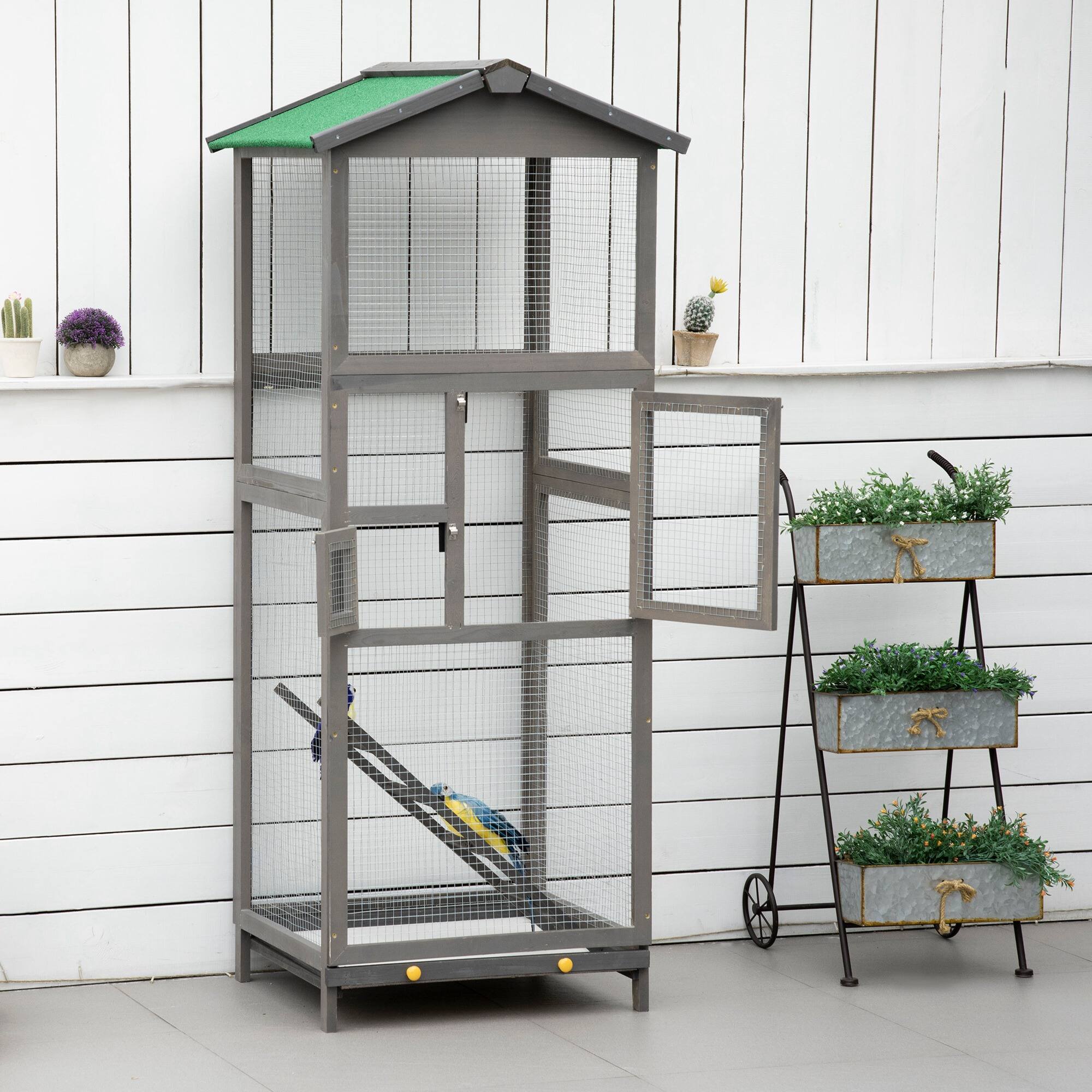 Alt View 4. Pawhut - 65" Wooden Bird Cage Outdoor Aviary House for Parrot, Parakeet, with Pull Out Tray and 2 Doors.