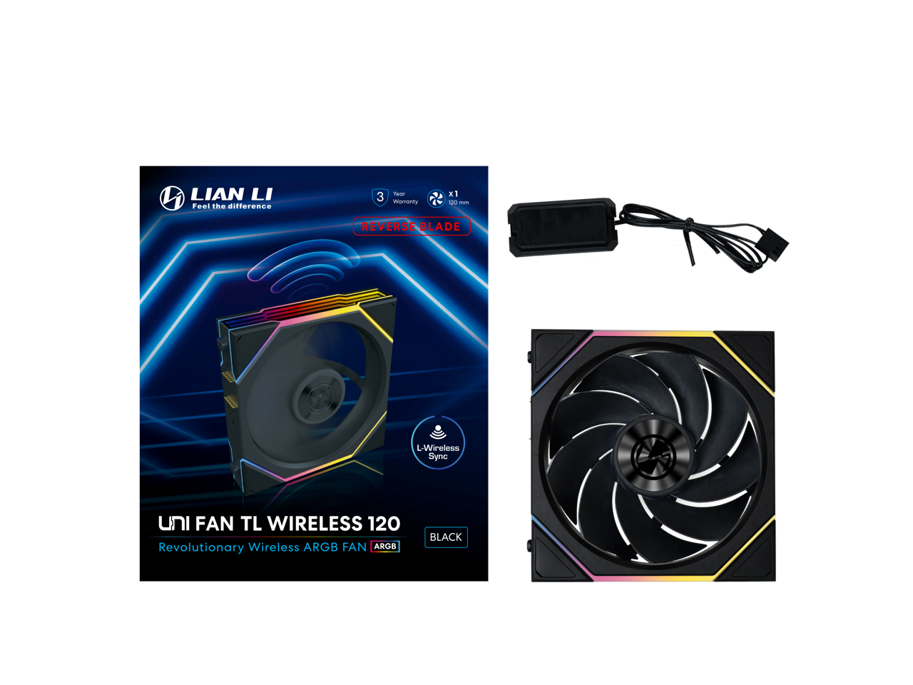 Lian Li  
Feel the difference  

3 Yavar x1 Warranty 120 mm  

REVERSE BLADE  

L-Wireless Sync  

UNI FAN TL WIRELESS 120  
Revolutionary Wireless ARGB FAN  
BLACK
