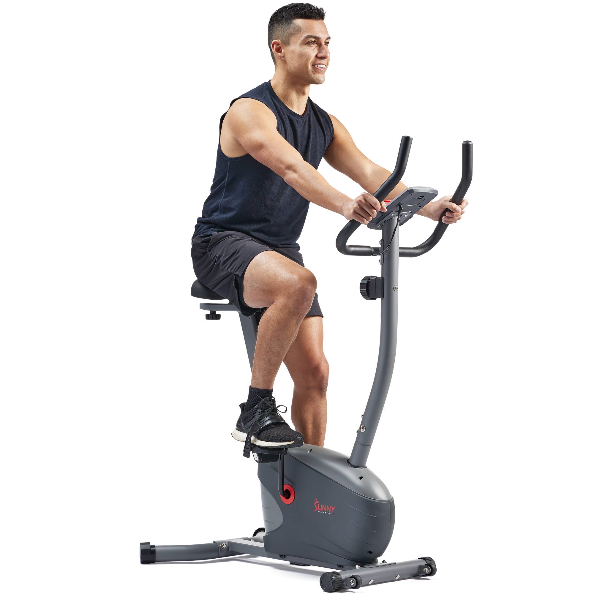 Front. Sunny Health & Fitness - Performance Smart Upright Exercise Bike - Dark grey.