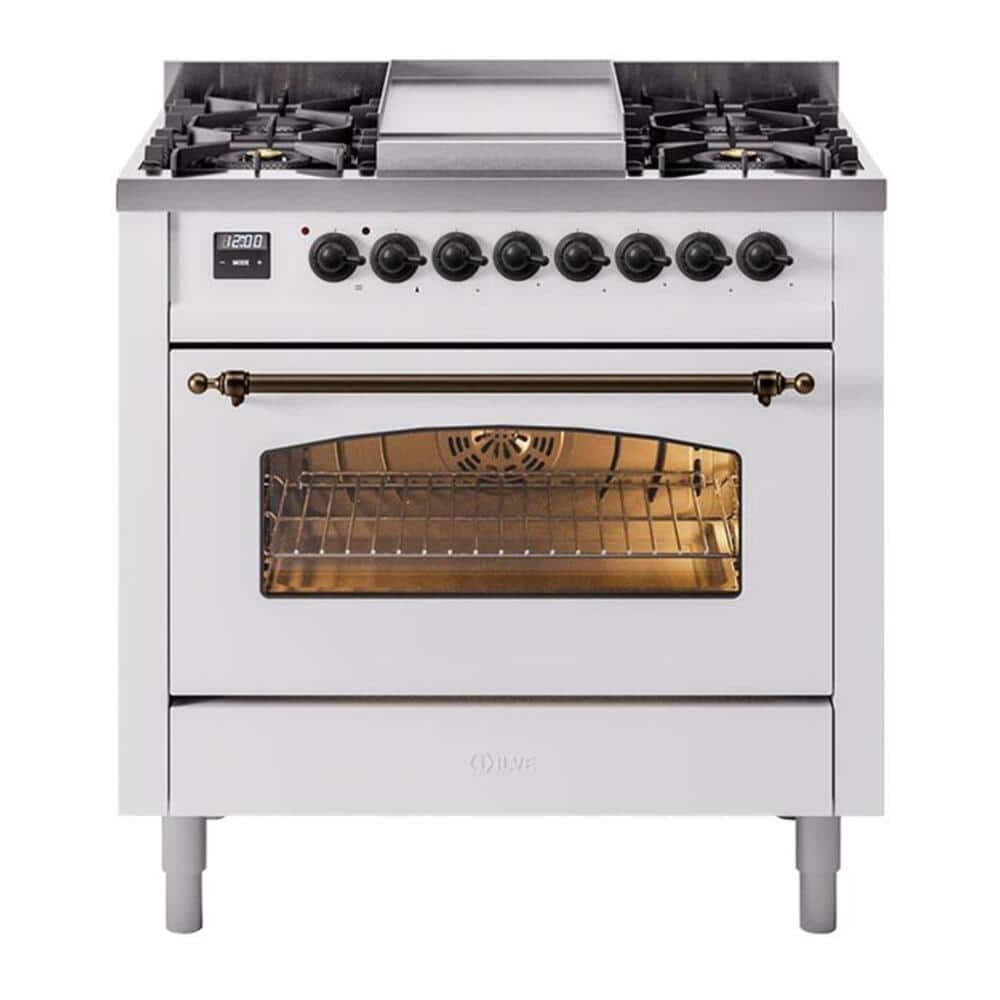ILVE - Nostalgie II Series 36 in. Dual Fuel Range with 6 Sealed Burners + Griddle (Liquid Propane, Burnished Trim) - White