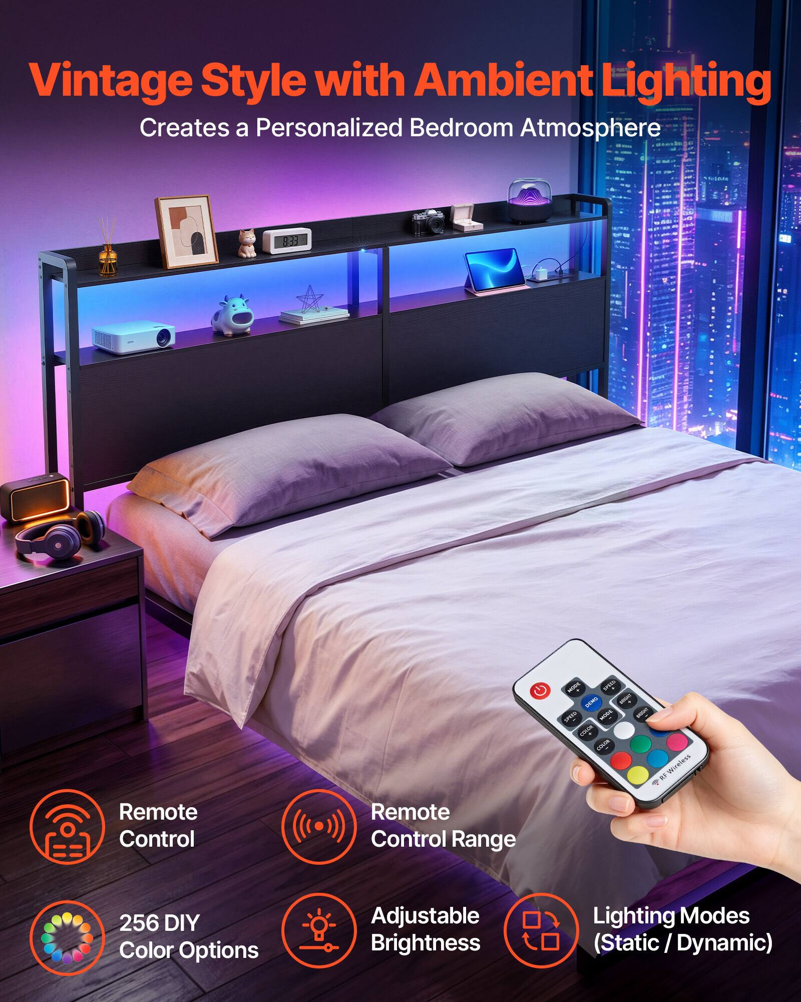 Vintage Style with Ambient Lighting Creates a Personalized Bedroom Atmosphere

EE8 - O I Dtm I SPTE - - I . s Wireless W1 4 Remote Control

Remote Control Range: 256

DIY Color Options

Adjustable Brightness

Lighting Modes (Static / Dynamic)