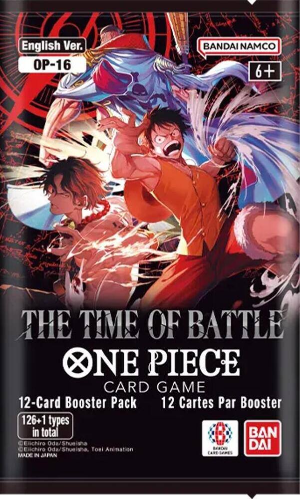 English Ver. OP-16  
BANDAI NAMCO 6+  
THE TIME OF BATTLE ONE PIECE CARD GAME  
12-Card Booster Pack  
12 Cartes Par Booster  
126+1 types in total  
©Eiichiro Oda/Shueisha  
©Eiichiro Oda/Shueisha, Toei Animation  
MADE IN JAPAN