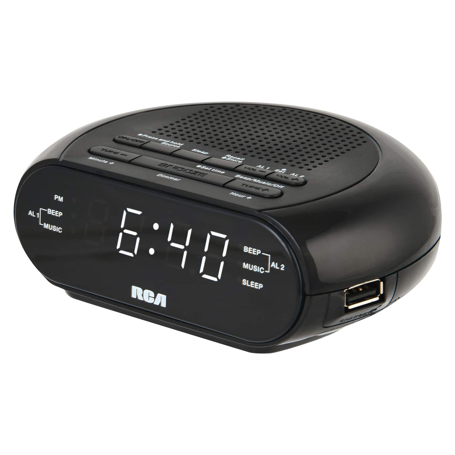 RCA - Digital Radio Alarm Clock RCS27, Soothing Sounds, Brightness Control, USB Charging Port, Battery Backup - Black