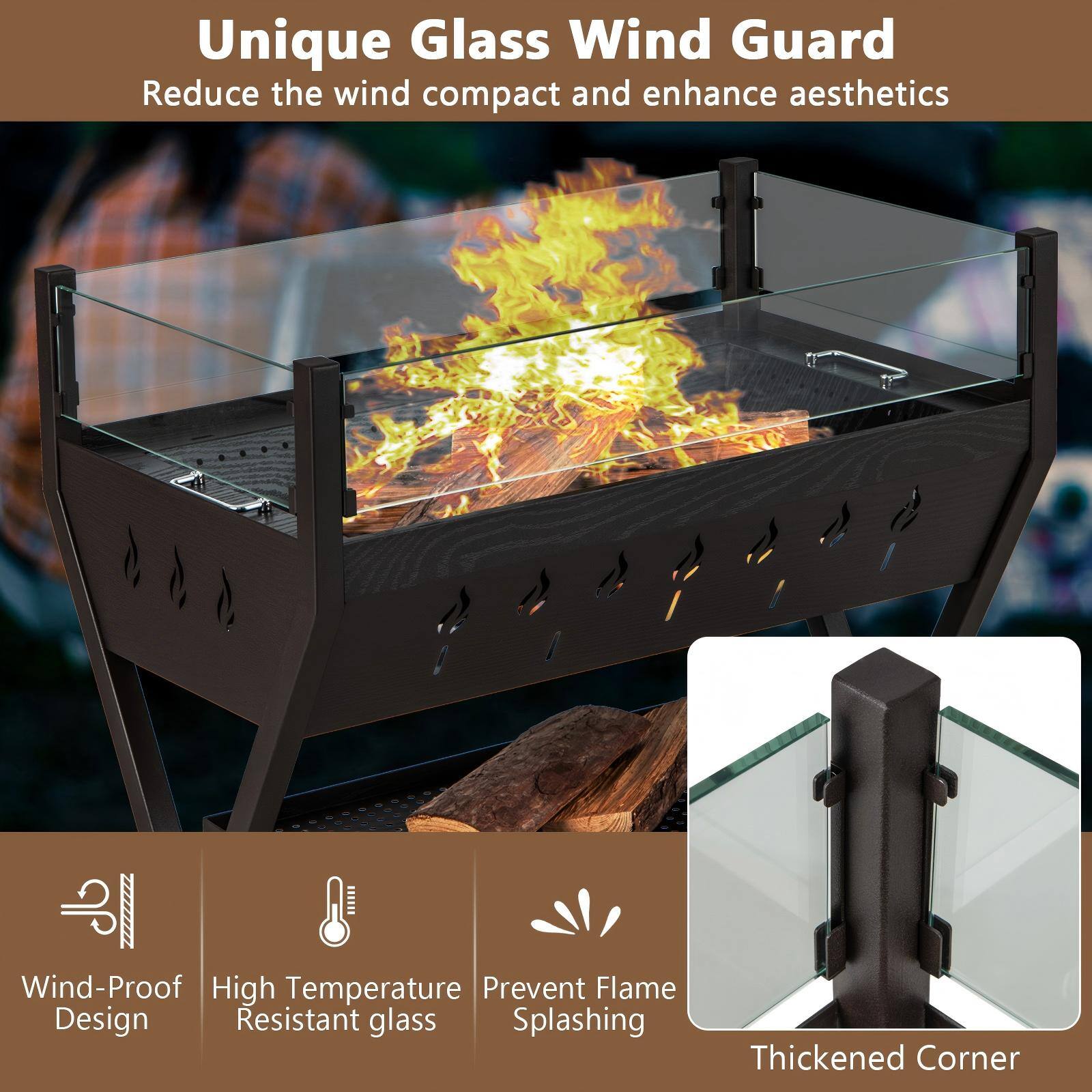 Unique Glass Wind Guard  
Reduce the wind compact and enhance aesthetics  

- Wind-Proof Design  
- High Temperature Resistant glass  
- Prevent Flame Splashing  
- Thickened Corner