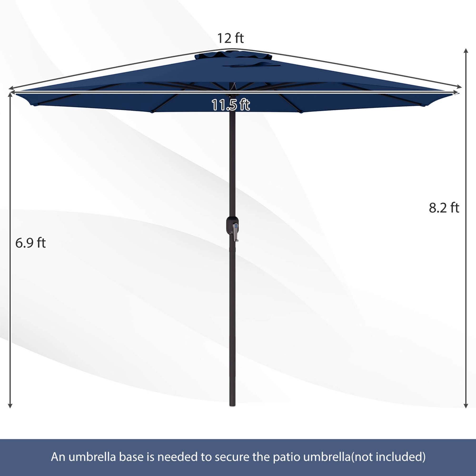 An umbrella base is needed to secure the patio umbrella (not included).