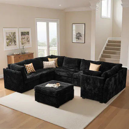 Front. Ovios - 8 PCS Sectional Sofa Couch U Shaped Couch Modern Sofa with Ottoman for Living Room - Black.