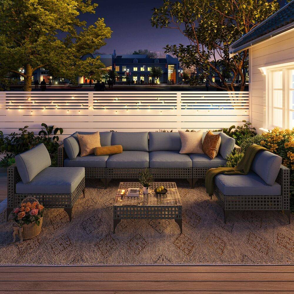 Left. Mondawe - 7-Piece Hollow Steel Seating Set with Waterproof Cushions and Adjustable Feet - Blue+Grey.