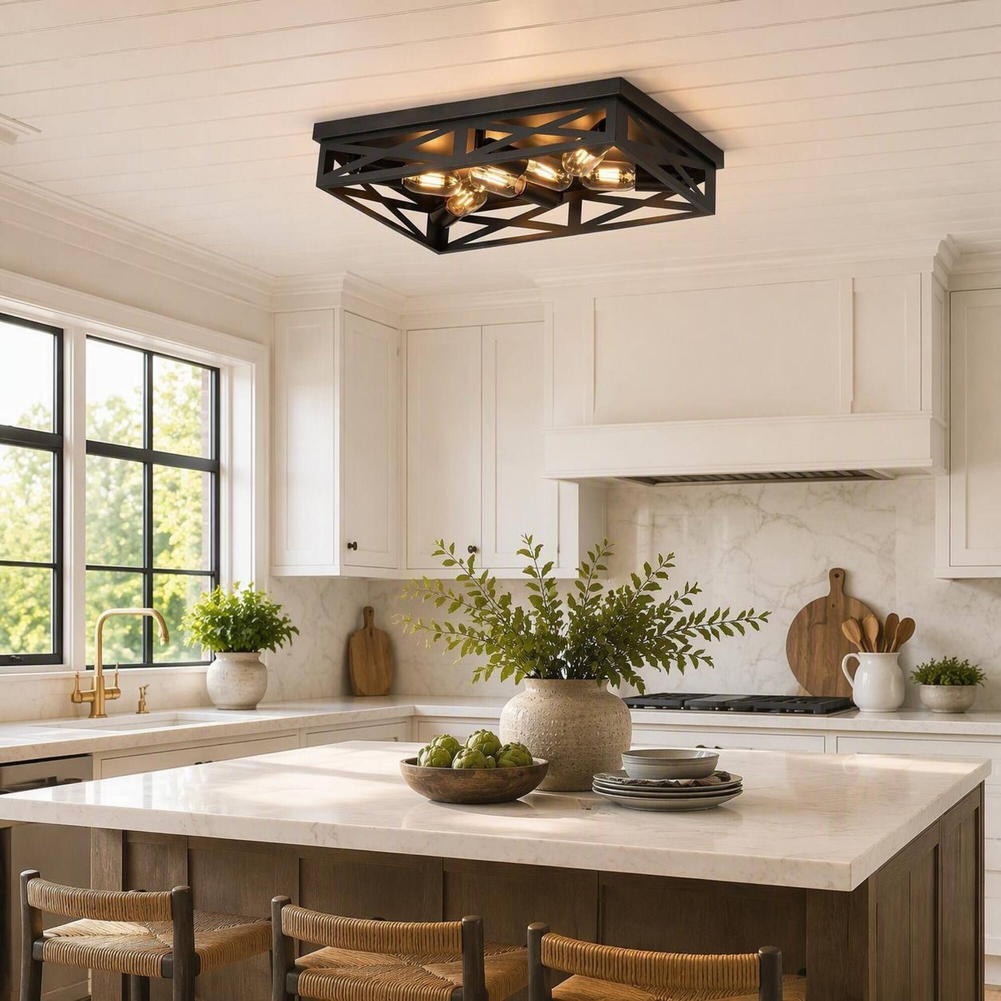Alt View 1. RYHNUYNE - 6-Light Matte Black Industrial Farmhouse Square Flush Mount Ceiling Light with Geometric Iron Cage.