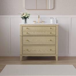 WELLFOR - MEGAN 36 in. Freestanding Solid Wood Bath Vanity with Quartz Top, Single Sink, Soft Close, Assembled - OAK