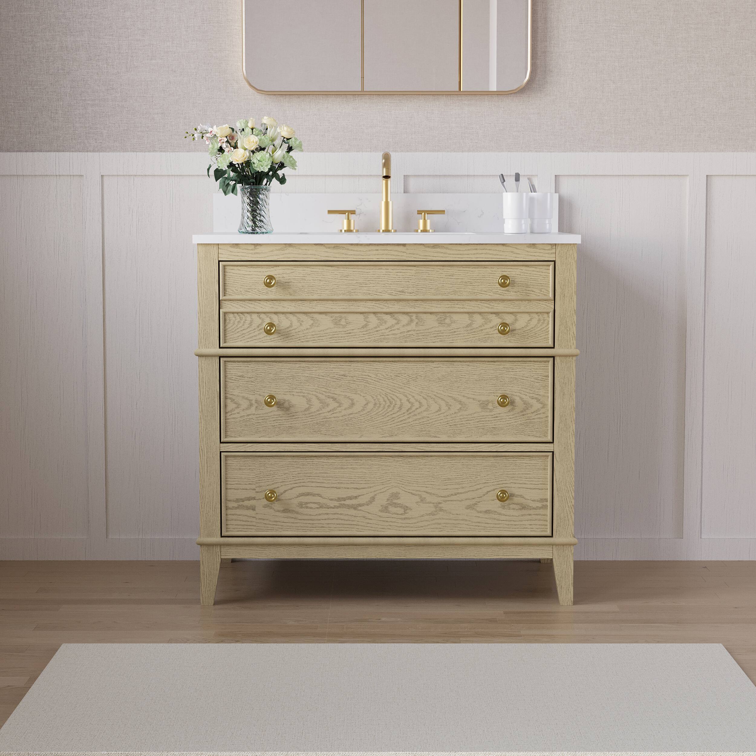 Front. WELLFOR - MEGAN 36 in. Freestanding Solid Wood Bath Vanity with Quartz Top, Single Sink, Soft Close, Assembled - OAK.