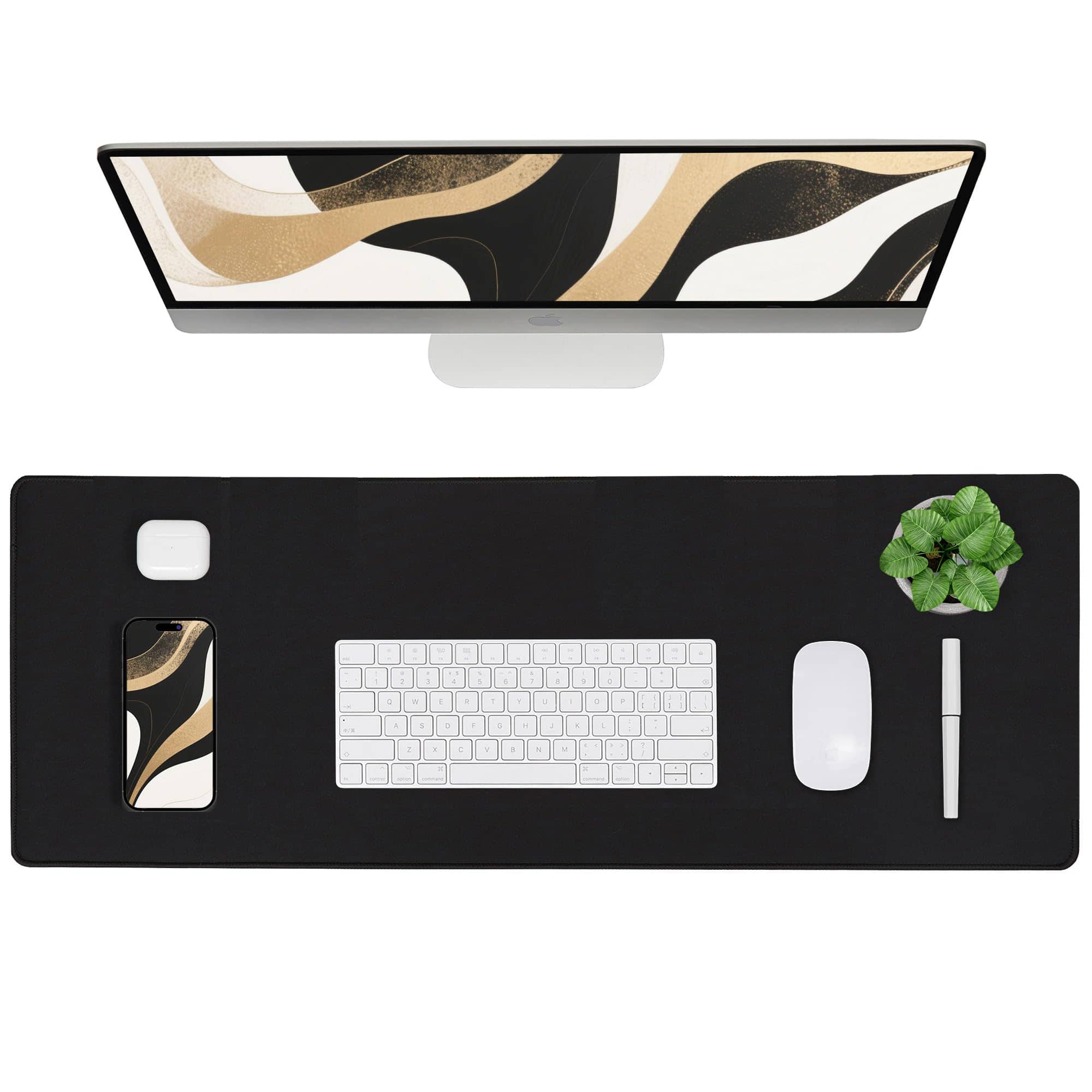 Earthley Blooms - Black Waterproof Desk Mat Large Mouse Pad With Extended Anti Slip Base Stitched Edge Grain Jacquard Surface - Pro Black-27.6''x 11.8''