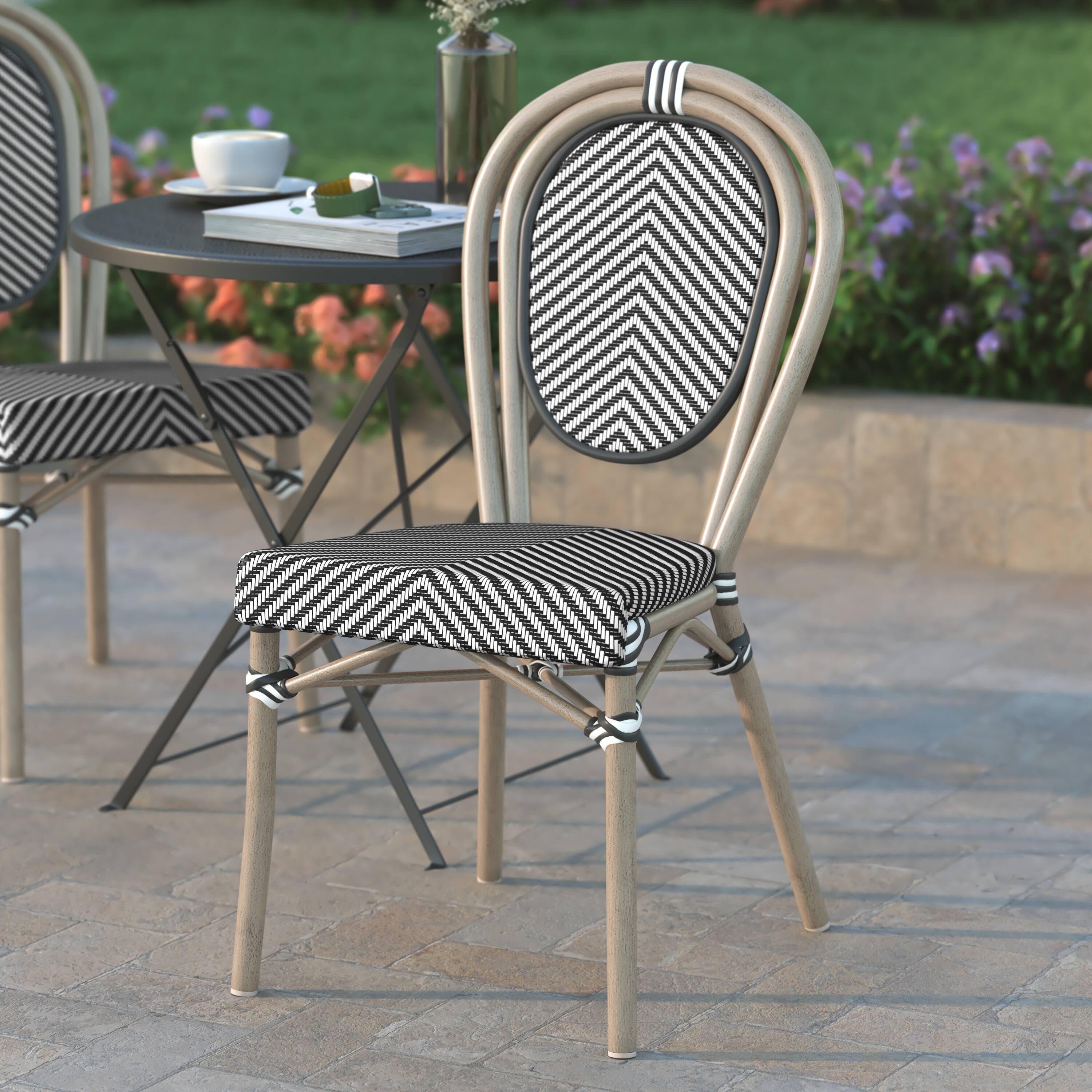 Alt View 3. Emma + Oliver - Massalia Indoor/Outdoor Stacking Thonet Bistro Style Chair with Textilene Seat and Bamboo Finished Metal Frame - Black & White/Light Natural Frame.