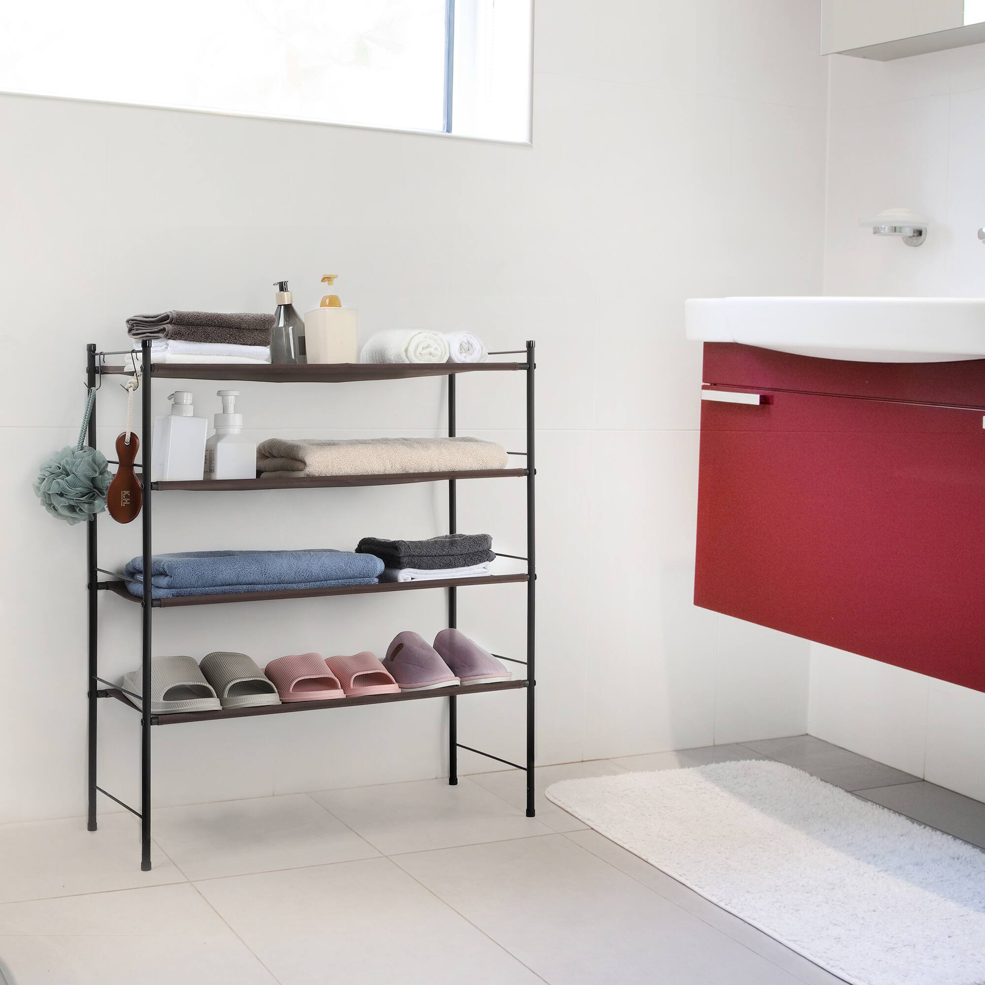 Left. Oumilen - 4-Tier Fabric Shoe Rack with Hooks, Brown - Black.