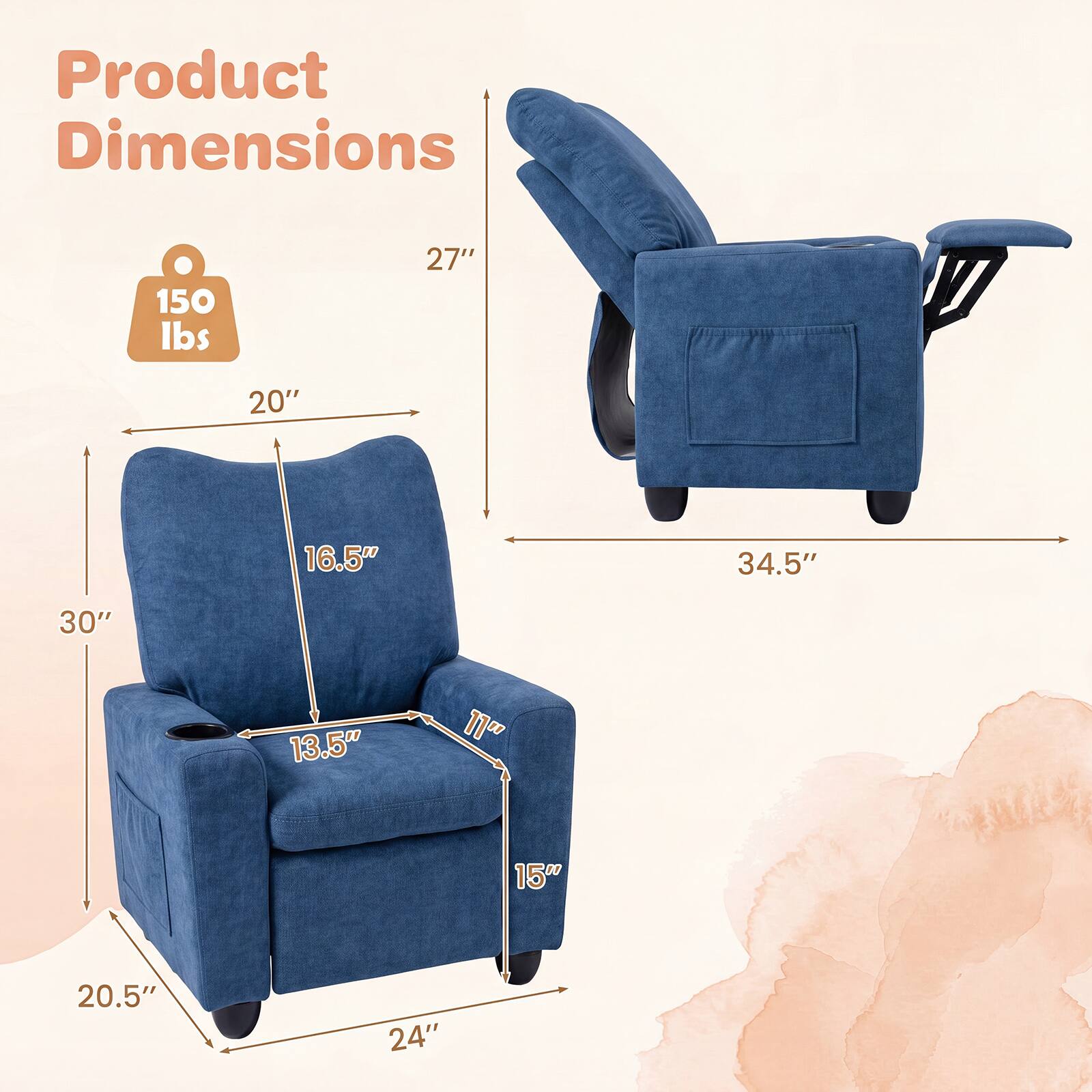 Product Dimensions: 150 lbs, 27", 20", 16.5", 34.5", 30", 13.5", 11", 15", 20.5", 24"