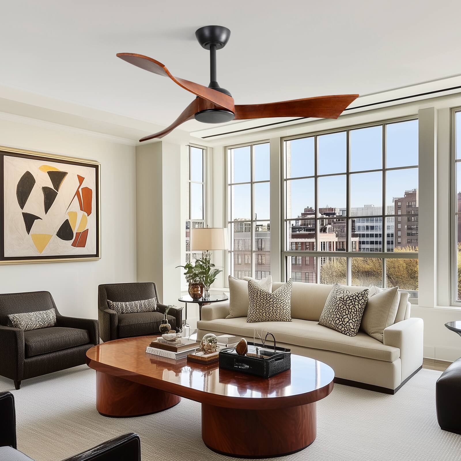 Alt View 4. Sofucor - 52 Inch Propeller Ceiling Fan with Light and Remote 3 Solid Wood Blades Quiet DC Motor 6 Speeds High CFM Ceiling Fan - Black.