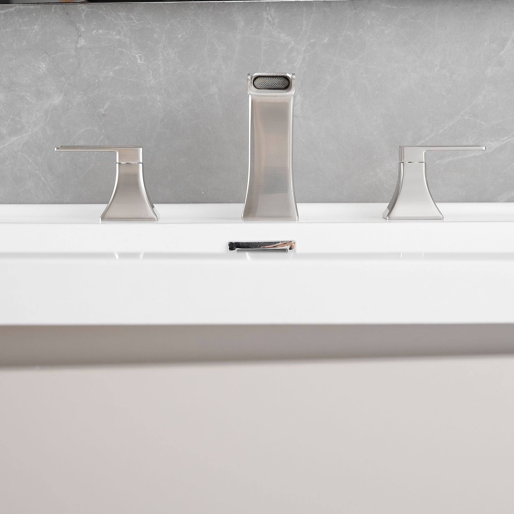 Left. Boyel Living - Modern 8 Inch Widespread Double Handle Brass Bathroom Faucet with Pop Up Drain and Water Supply Hoses in Brushed Nickel - Brushed Nickel.