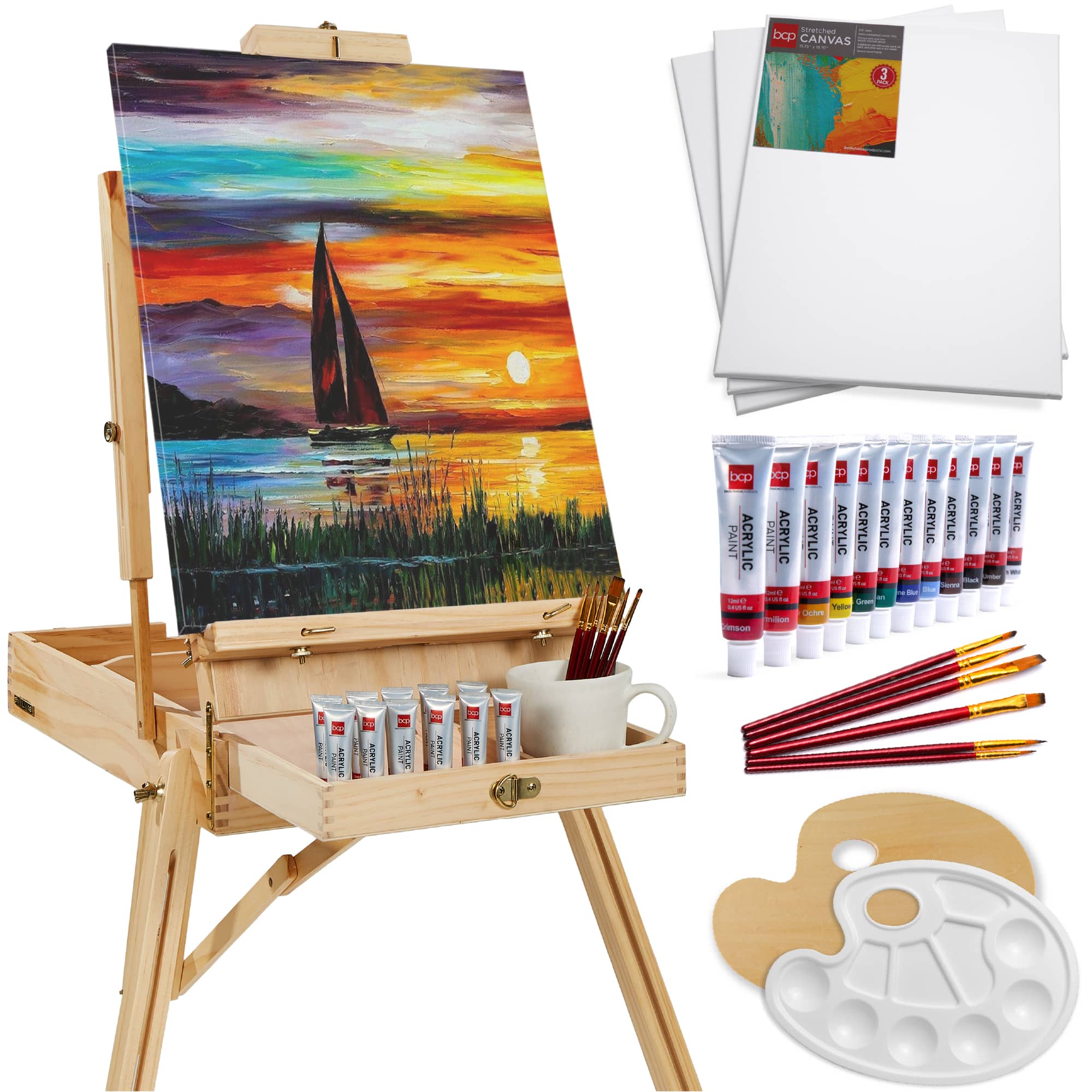 Best Choice Products - French Easel, 32pc Beginners Kit Portable Wooden Adjustable Tripod w/ Paint Supplies - Natural