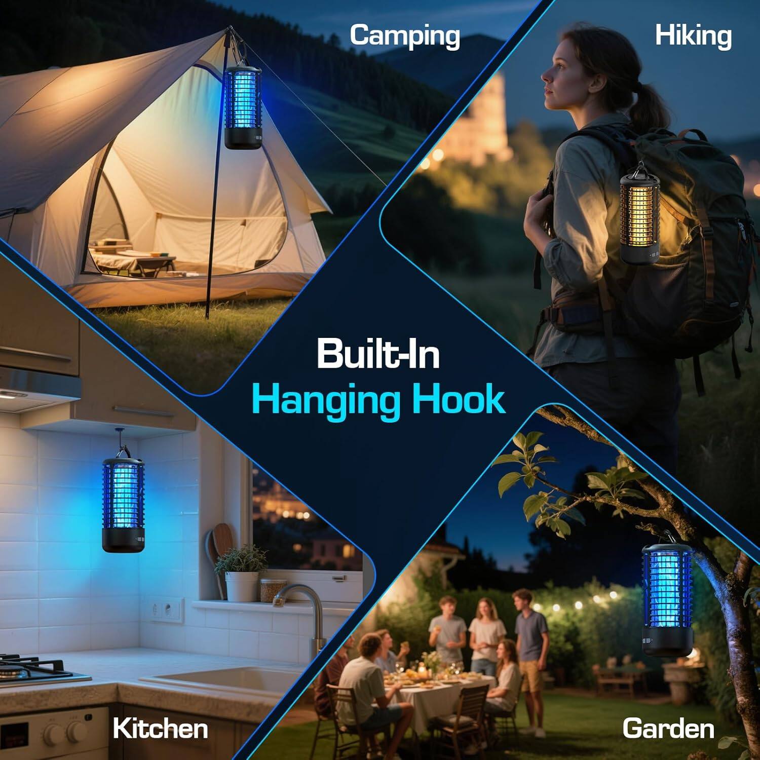 Camping  
Hiking  
Built-In Hanging Hook  
Kitchen  
Garden