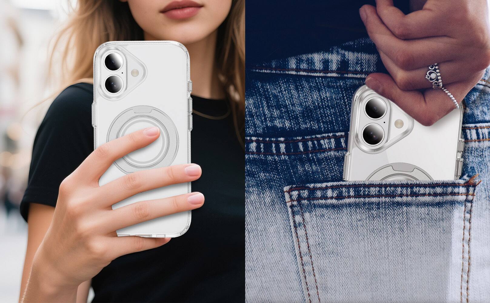 Alt View 10. Alpha Digital - Full Protective iPhone 17 Case w/ Magnetic Rotatable Ring Stand- Soft Flex, Anti-Drop/Fingerprint -360 shockproof - CLEAR.