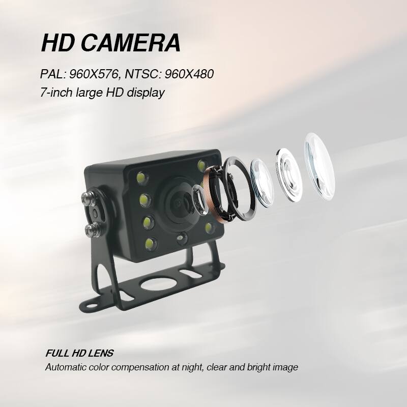 HD CAMERA  
PAL: 960X576, NTSC: 960X480  
7-inch large HD display  

FULL HD LENS  
Automatic color compensation at night, clear and bright image