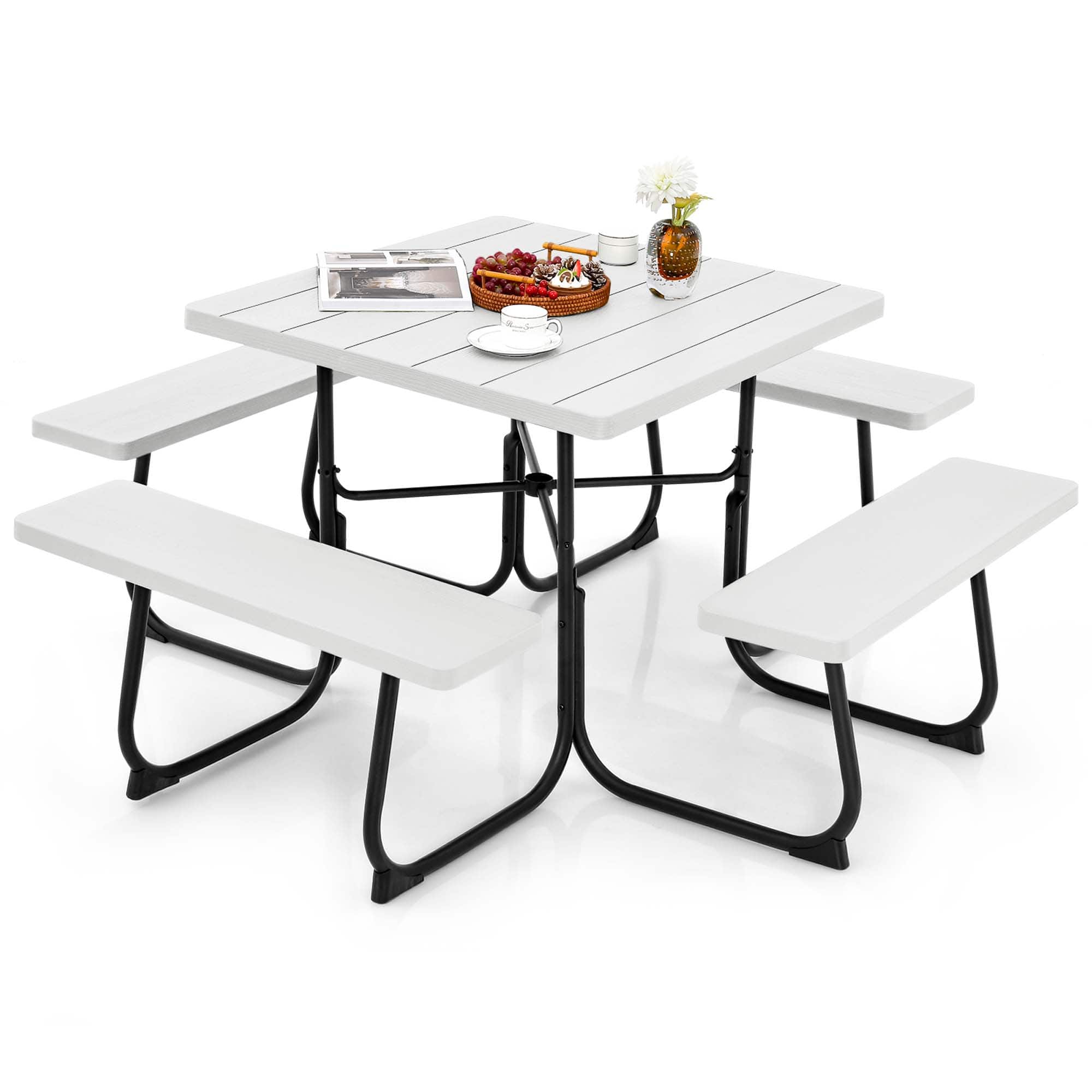 Costway - Outdoor 8-person Square Picnic Table Bench Set with 4 Benches & Umbrella Hole - White
