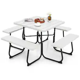 Costway - Outdoor 8-person Square Picnic Table Bench Set with 4 Benches & Umbrella Hole - White