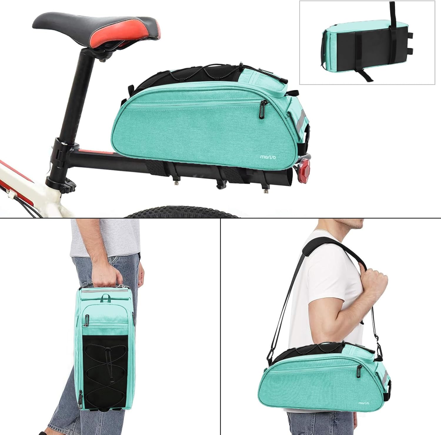 Back. mosiso - Bike Rack Bag Waterproof Bicycle Trunk Pannier  Cycling Bike Carrier Backseat Storage Luggage Saddle Shoulder Bag - Turquoise.