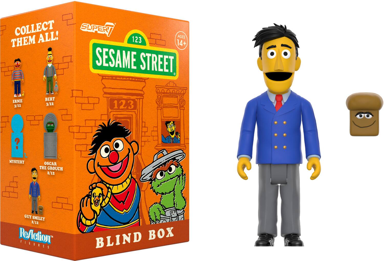 COLLECT THEM ALL!  
SUPER SESAME STREET  
AGES 14+  
123  
ERNIE 3/12  
BERT 3/12  
MYSTERY  
OSCAR THE GROUCH 2/12  
GUY SMILEY 2/12  
ReAction FIGURES  
BLIND BOX