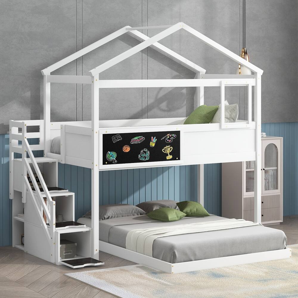 Angle. Loheer - Loheer Twin Over Full House Bunk Bed with Storage Staircase and Blackboard White - White.