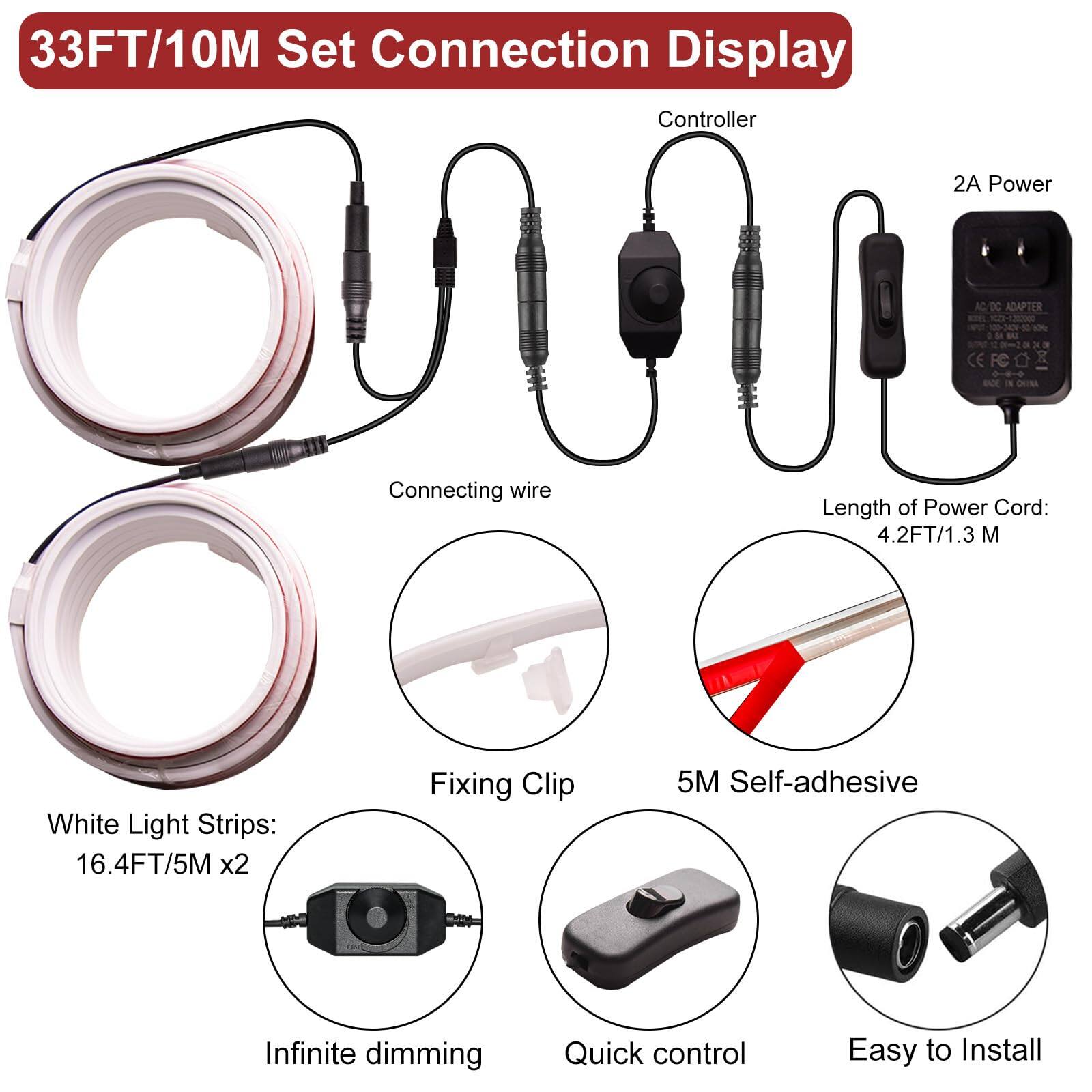 33FT/10M Set Connection Display

- Controller
- 2A Power AC/DC Adapter
- Connecting wire
- Length of Power Cord: 4.2FT/1.3M
- White Light Strips: 16.4FT/5M x2
- Fixing Clip
- 5M Self-adhesive
- Infinite dimming
- Quick control
- Easy to Install