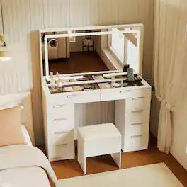 Costway - Vanity Desk with Mirror and Lights, Storage Cushioned Stool, Tempered Glass Top - White