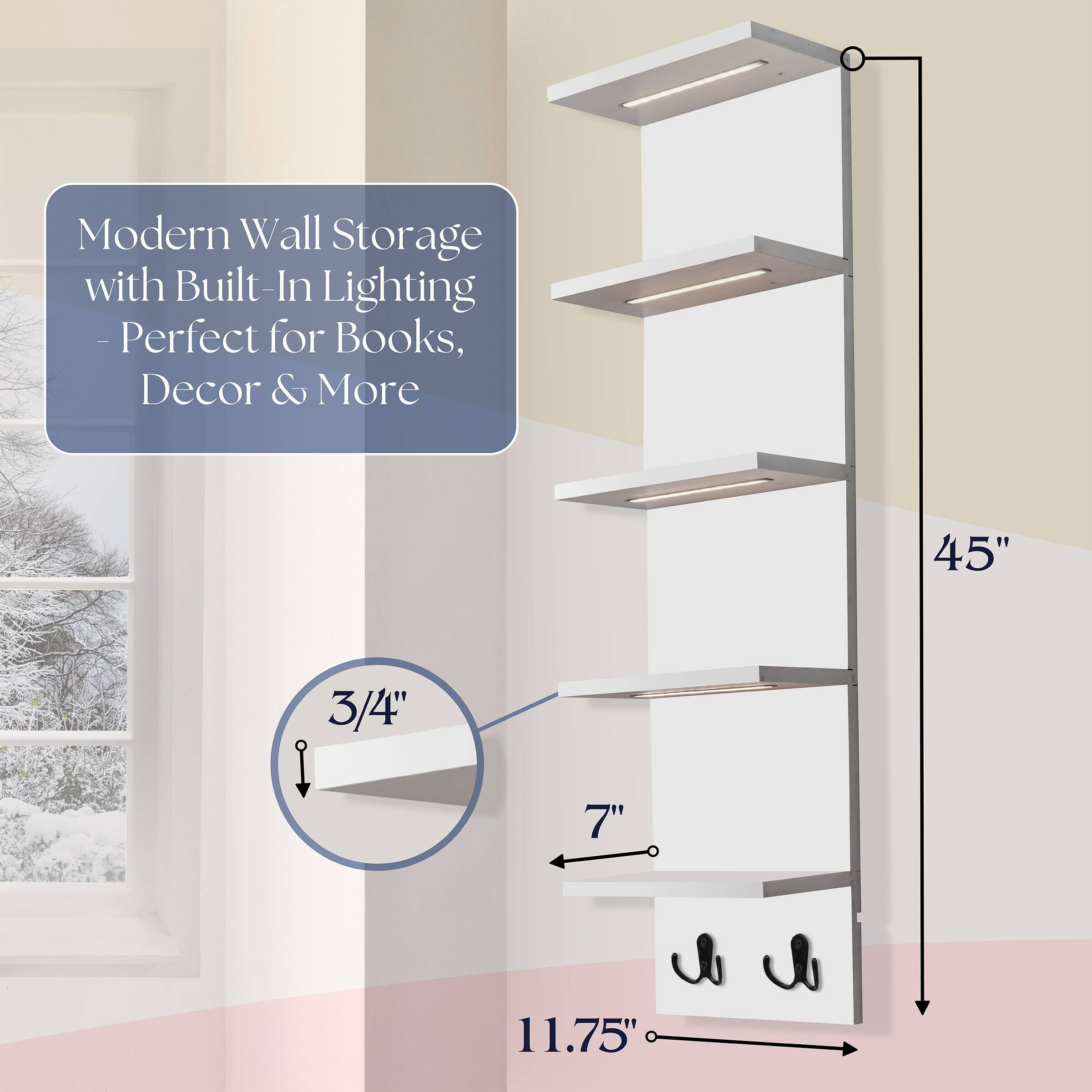 Modern Wall Storage with Built-In Lighting - Perfect for Books, Decor & More

45"  
3/4"  
7"  
11.75"