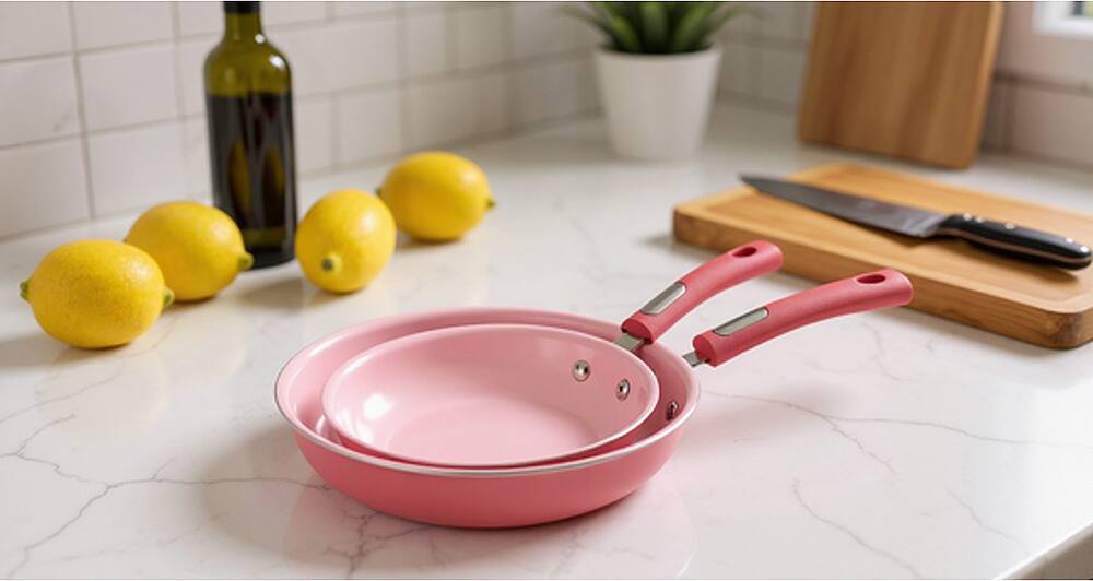 Angle. Hamilton Beach - Set of 2 Aluminum Fry Pans with Ceramic Coating - Pink - Pink.