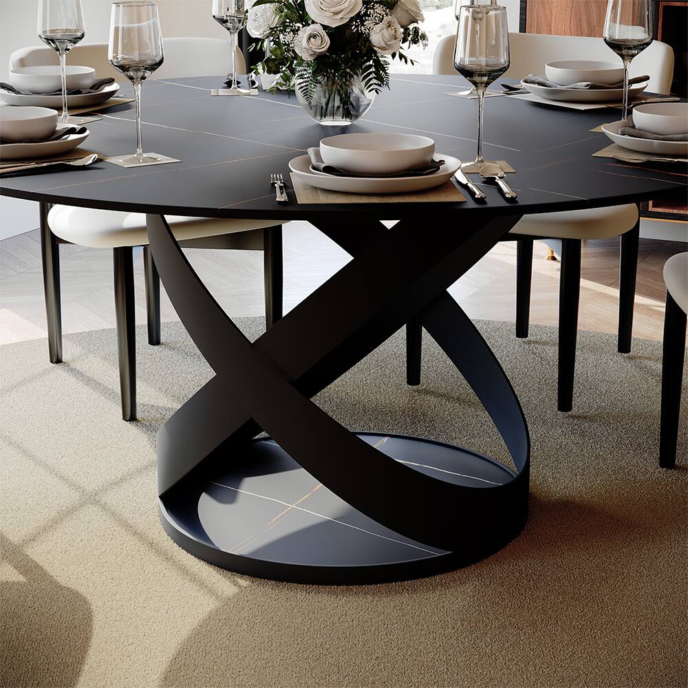 Alt View 2. POVISON - 59" Modern Round Black Dining Table for 6, Matte Sintered Stone Tabletop with Black X Carbon Steel Base - Black Matte Sintered Stone with Black.