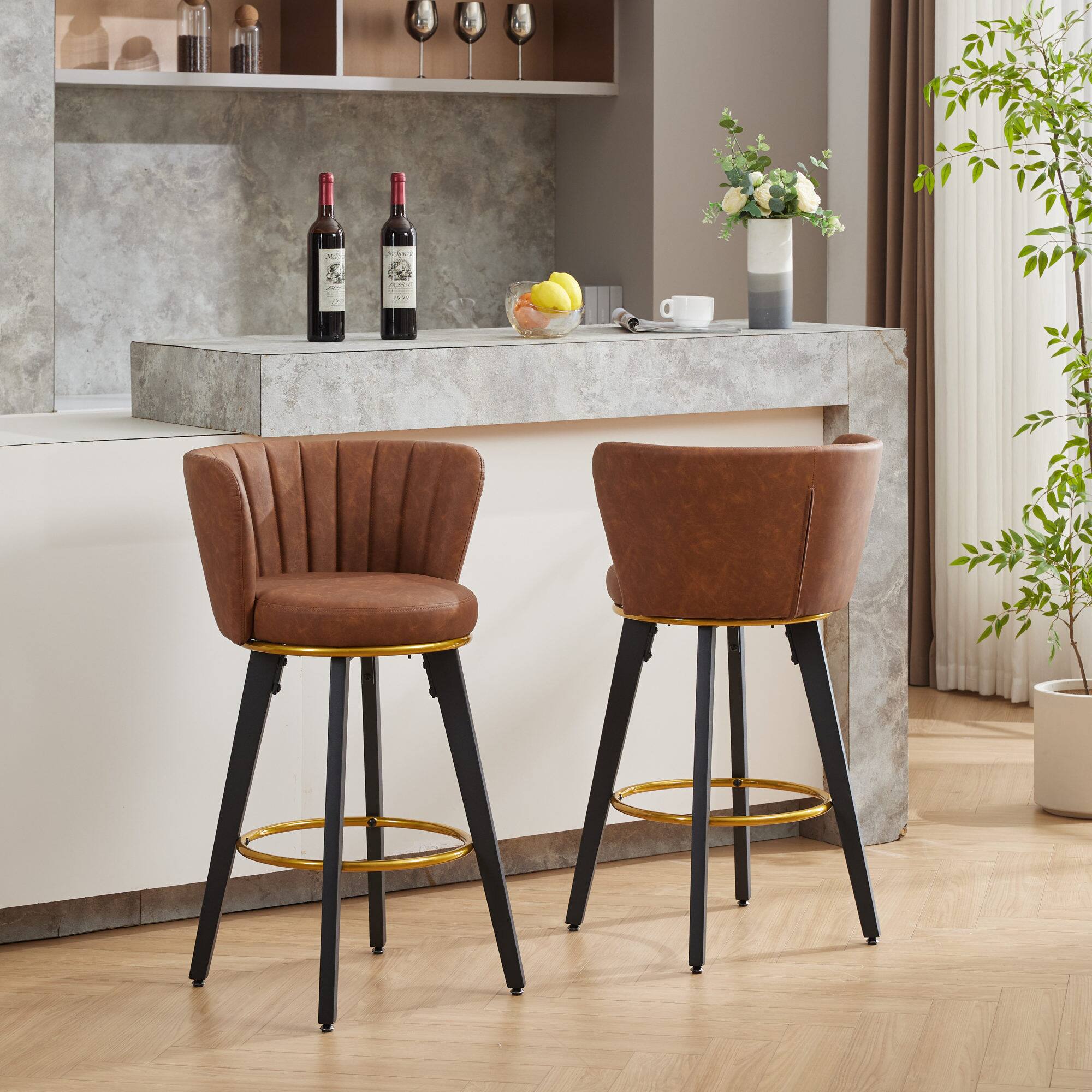 Alt View 10. GOODSILO - Modern Swivel Counter Height Bar Stools Set of 2 with Upholstered Backs and Metal Legs - Brown.