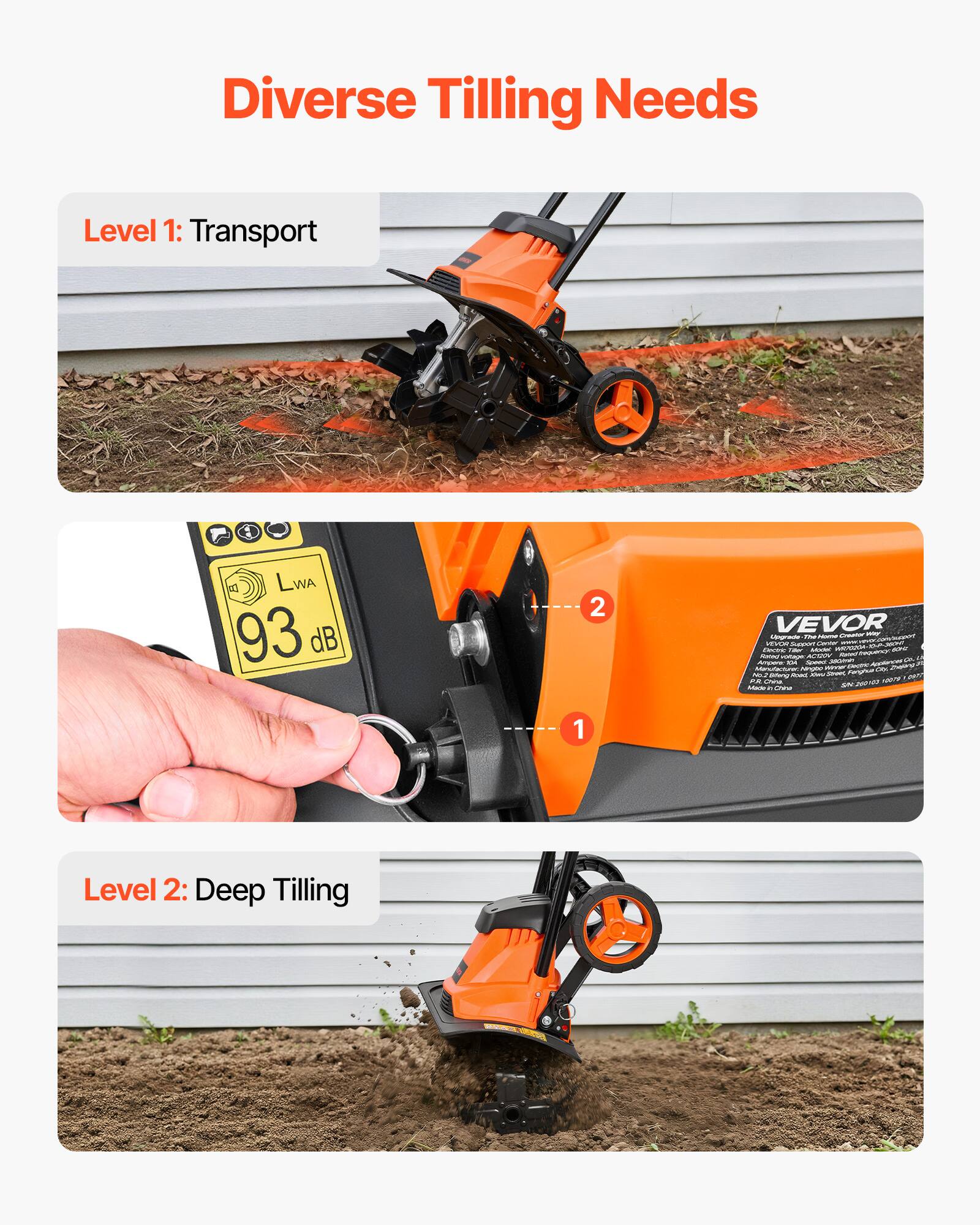 Diverse Tilling Needs

Level 1: Transport

LWA 93 dB

VEVOR

Level 2: Deep Tilling