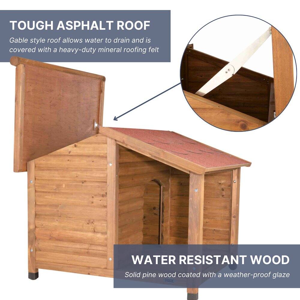 TOUGH ASPHALT ROOF  
Gable style roof allows water to drain and is covered with a heavy-duty mineral roofing felt  

WATER RESISTANT WOOD  
Solid pine wood coated with a weather-proof glaze